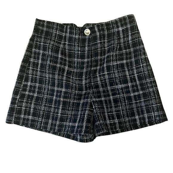 Zara Black Plaid Tweed High Rise Gold Button Dressy Shorts US M - Picture 1 of 3